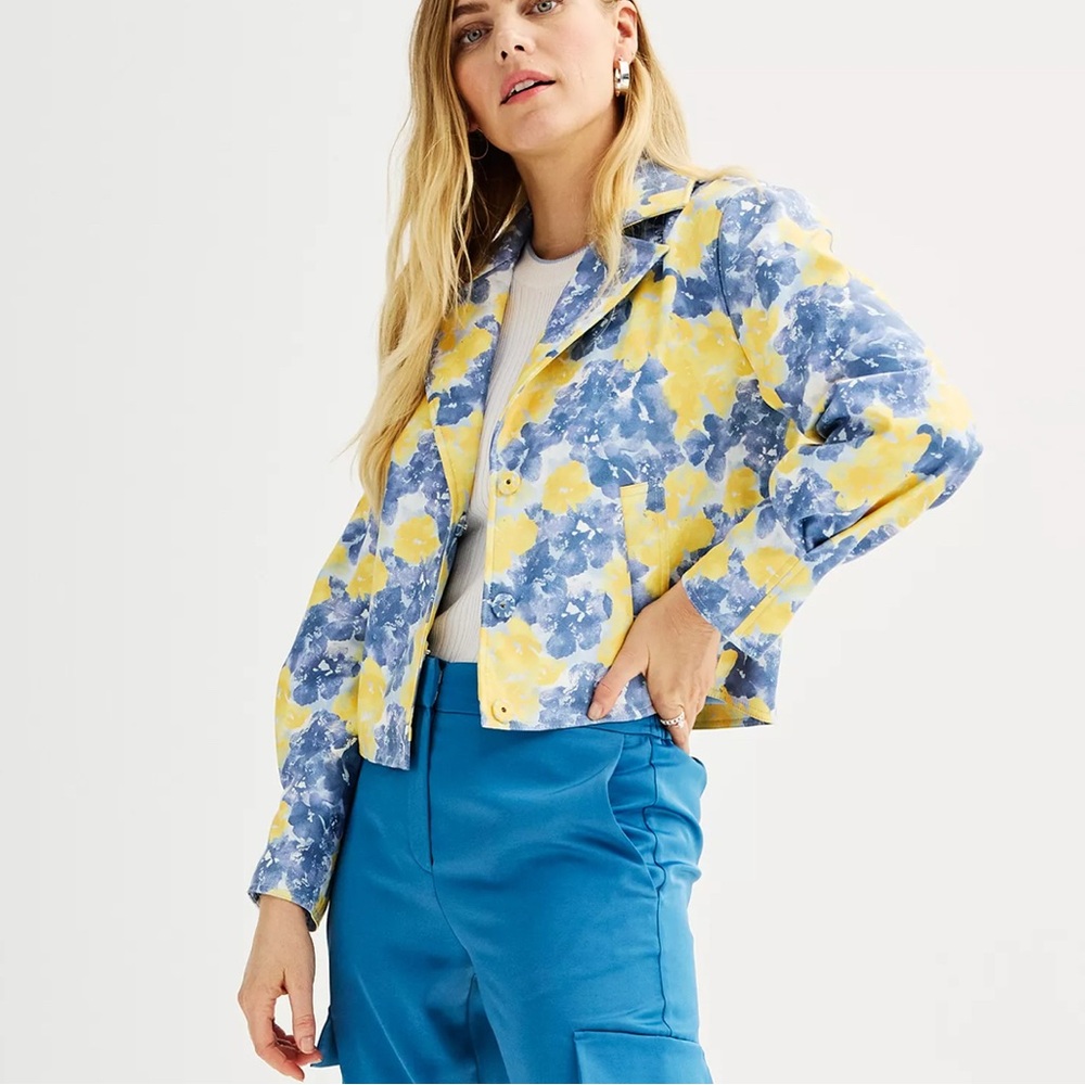 Nine West, NWT Floral Blue and Gray Women's crop Moto Jacket, Size S